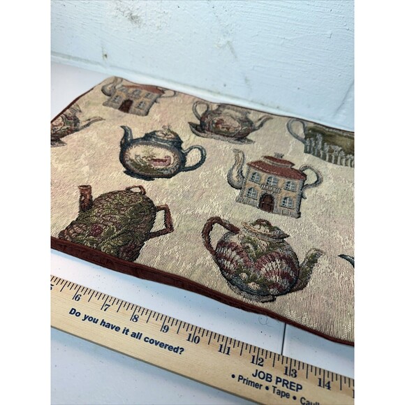 Vintage Table Runner Tapestry Tea Cups Teapot  English Tea  Burgandy 64” x 12” - Picture 1 of 3